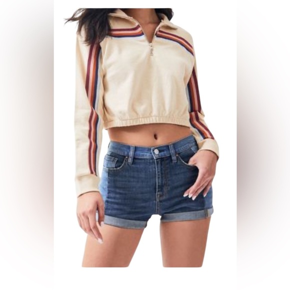 PS/LA California Beige Striped Quarter Zip Cropped Sweatshirt Size Small - Picture 1 of 6
